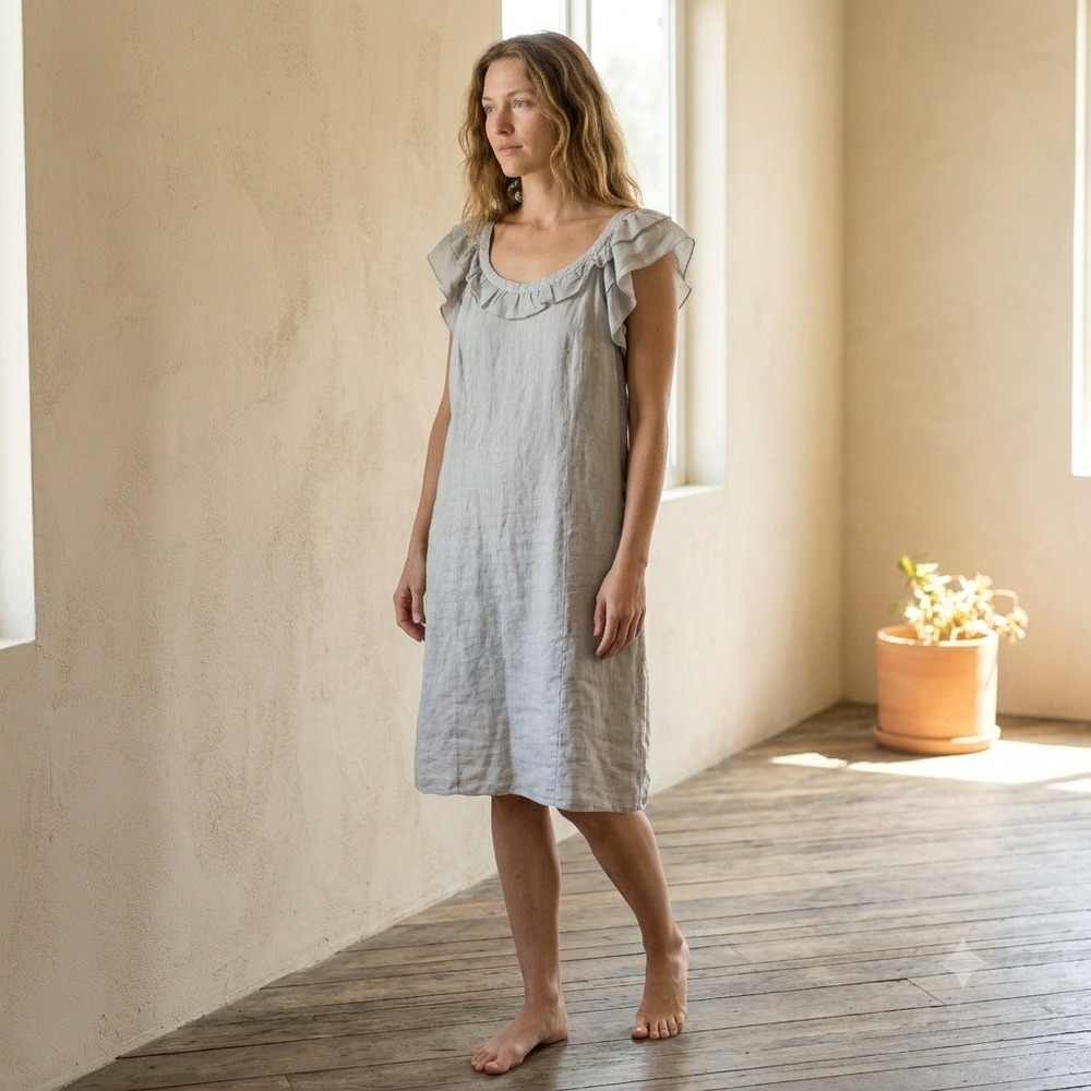 120% Lino Womens Dress 46 Grey Ruffle Trim Linen Silk Blend Coastal Lagenlook